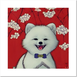 Cute White Pomeranian Husky Puppy Blossoms Happy Chinese New Year Dog Owner Posters and Art